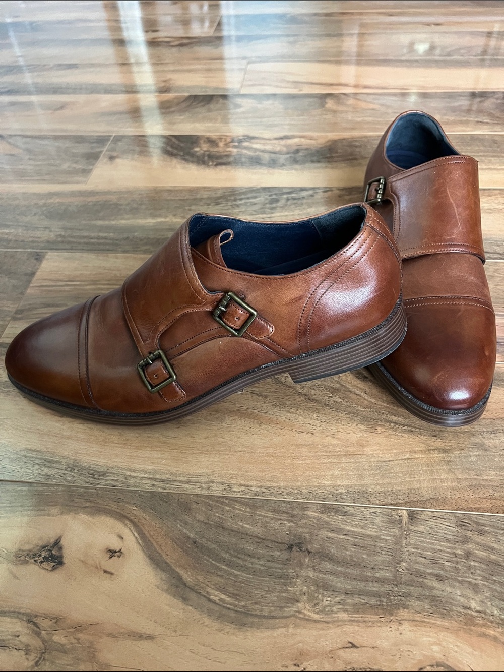 Cole Haan Double Monk Strap Shoes Men 10 Brown Leather Grand OS Cap Toe